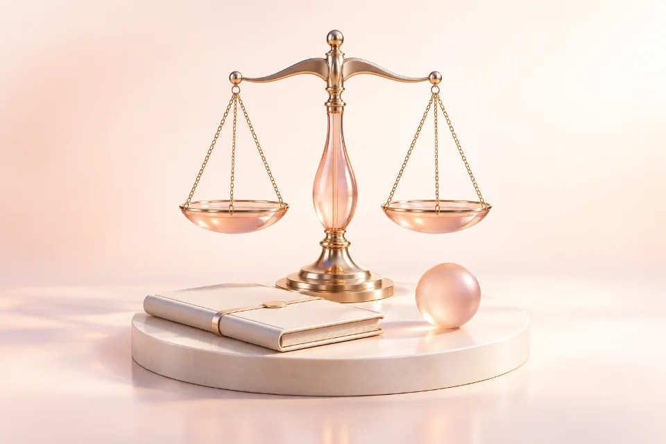 Peach glass and champagne-metal scales beside an ivory document folio